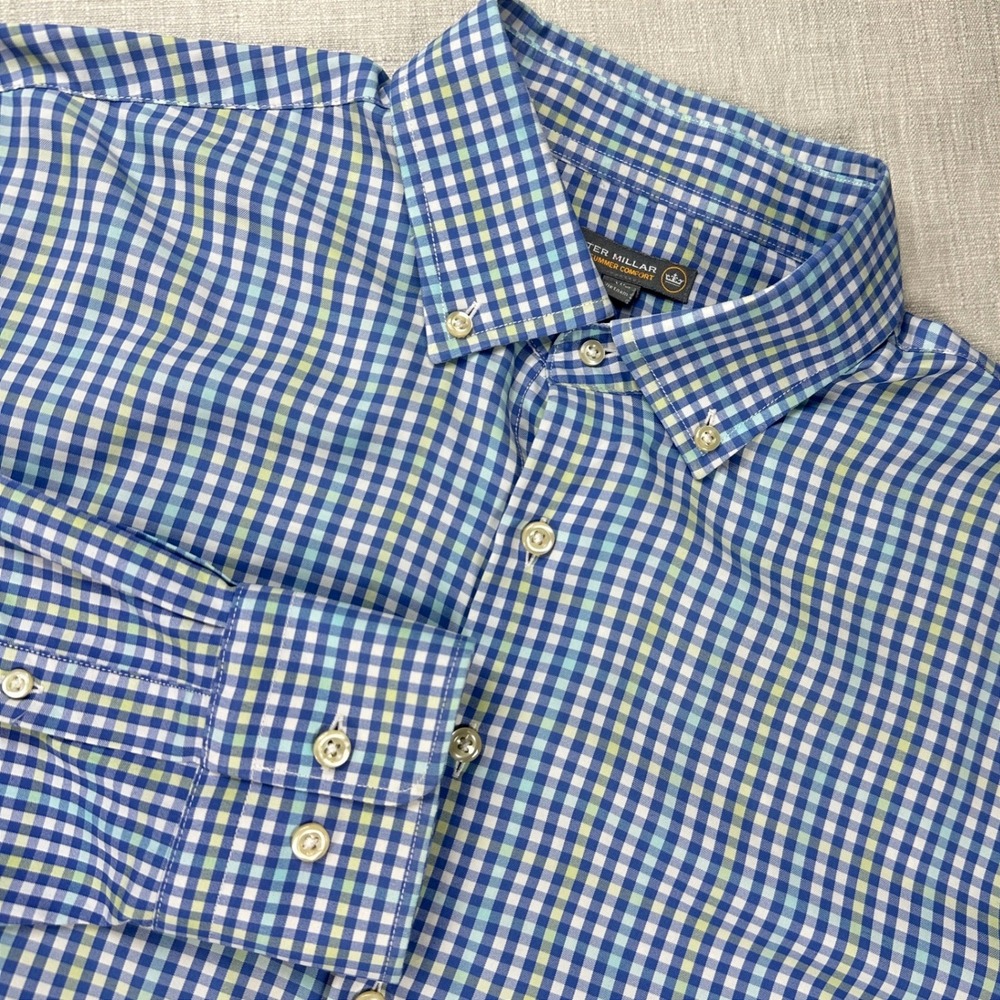 Peter Millar Shirt Mens XL Blue White Yellow Gingham Summer Comfort Long Sleeve